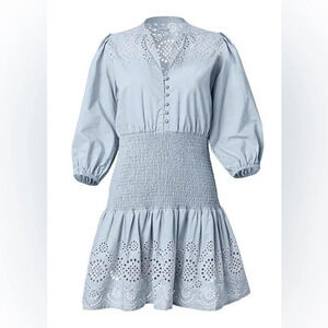Venus Smocked Waist Eyelet Dress Light Blue Size 12 LNC